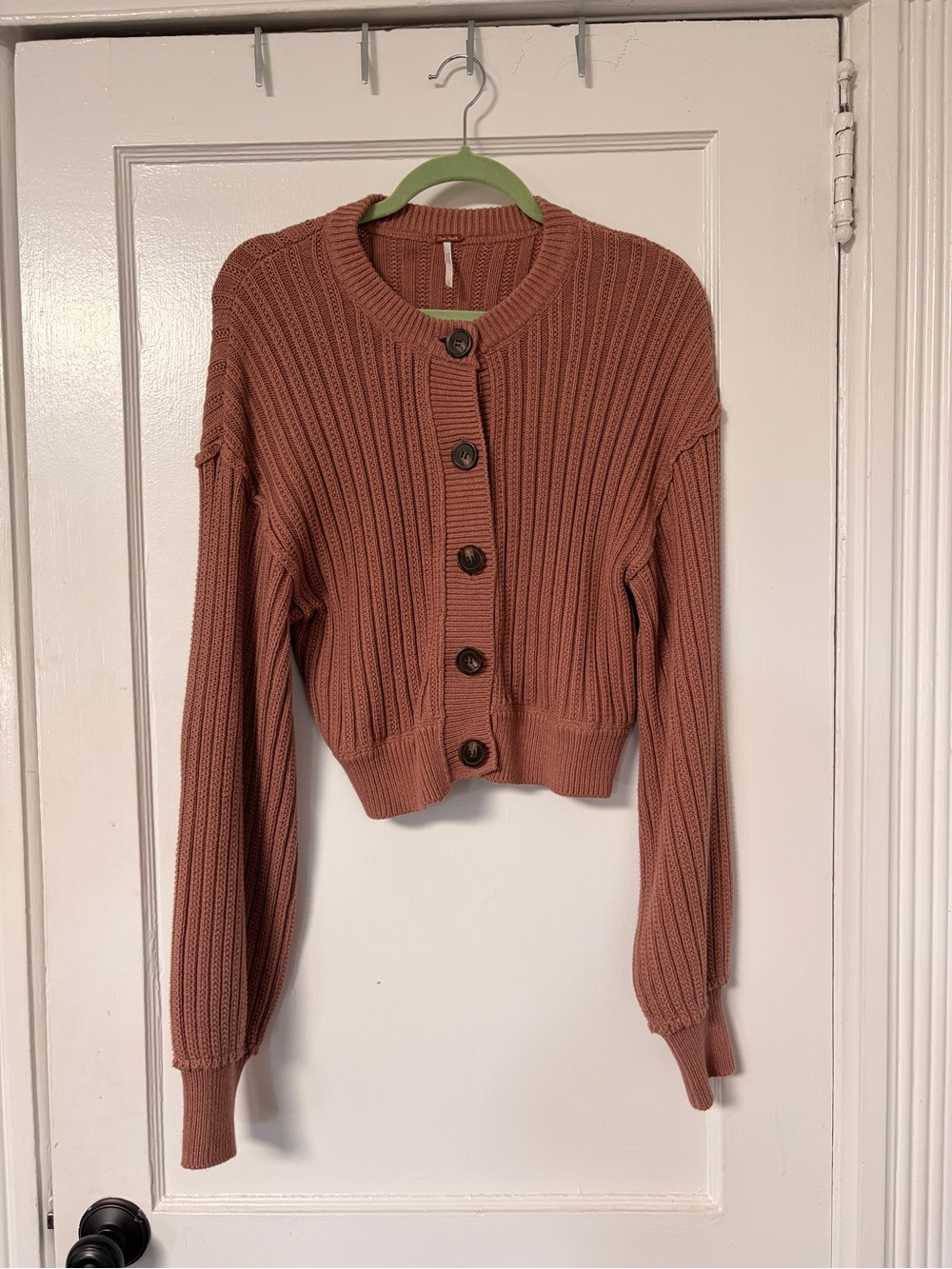 Free People Cropped Rib-Knit Button Front Sweater Cardigan - Dusty Rose